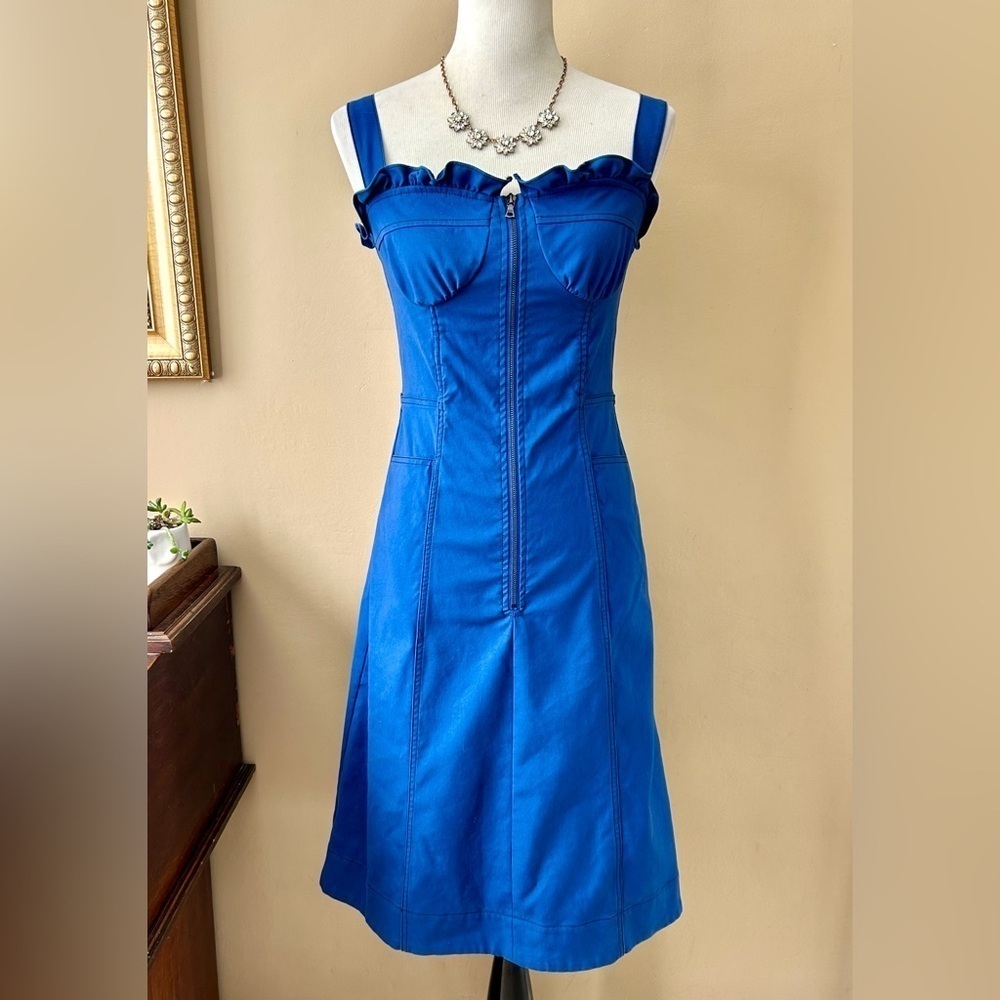 Sea New York Royal Blue Ruffle Corset Bustier Milkmaid Zip Front Midi Dress S